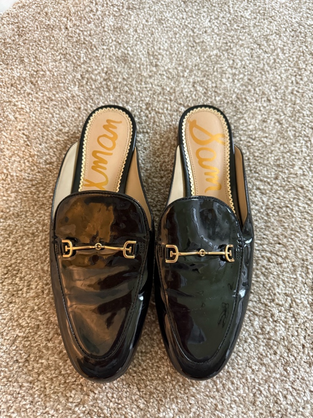 Sam Edelman Black Patent Slip-On Mules with Gold Accent